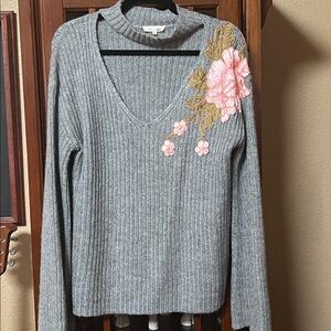 Jella C V-Neck Sweater with Peach Embroidered Floral Design- size S, *like new*